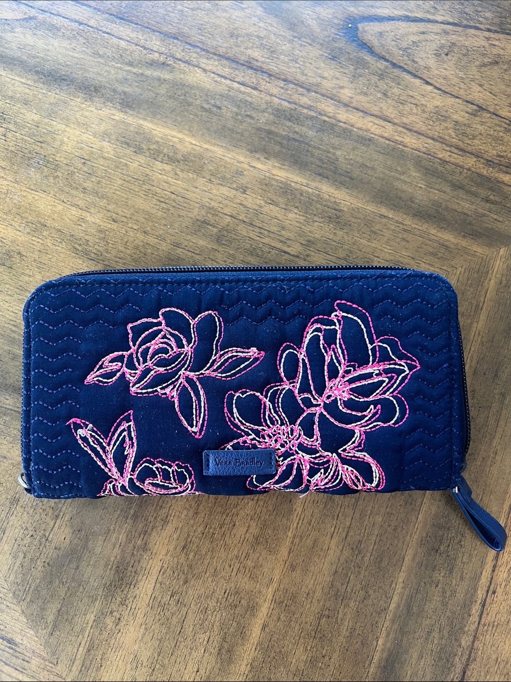 Vera Bradley Navy Quilted Wallet with Pink Floral Stitching
